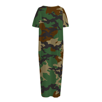 Green And Brown Camouflage Print Short Sleeve Long Nightdress
