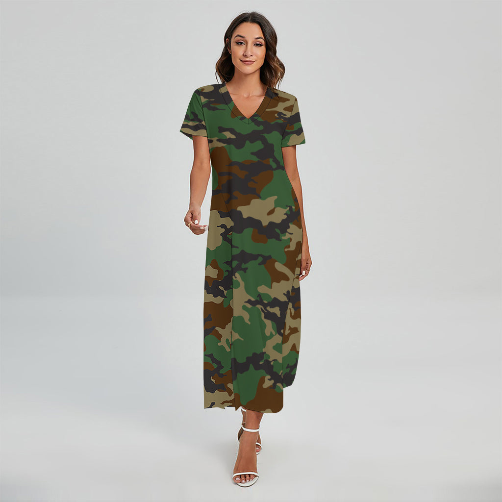 Green And Brown Camouflage Print Short Sleeve Maxi Dress