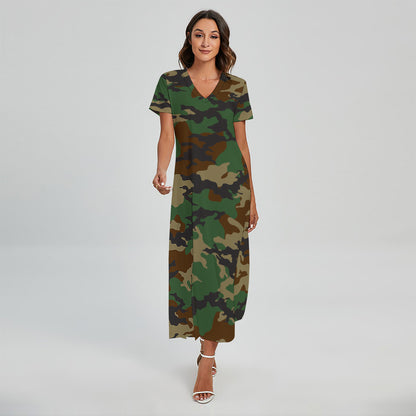 Green And Brown Camouflage Print Short Sleeve Maxi Dress