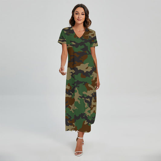 Green And Brown Camouflage Print Short Sleeve Maxi Dress