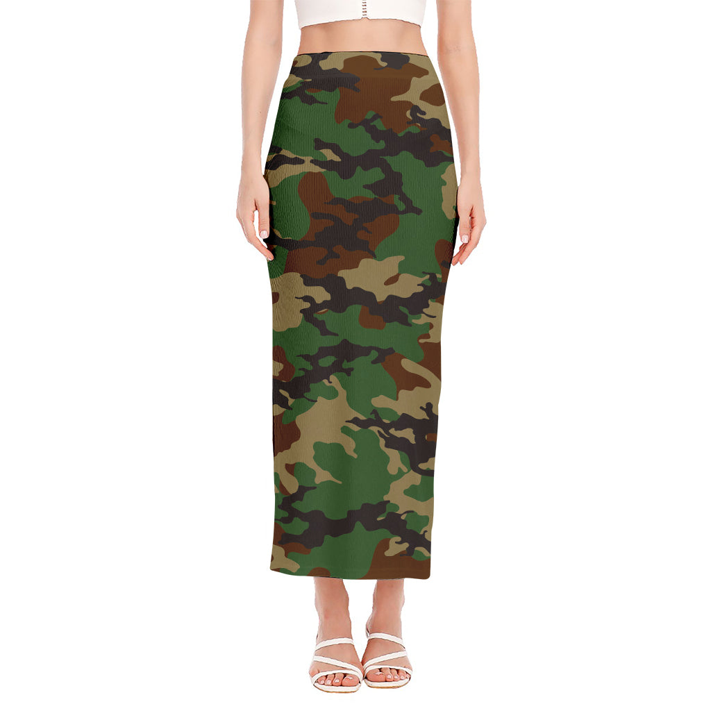 Green And Brown Camouflage Print Side Slit Maxi Skirt