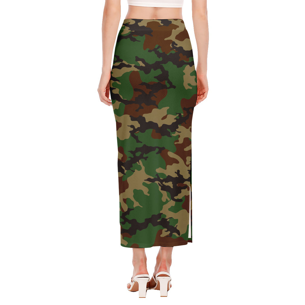 Green And Brown Camouflage Print Side Slit Maxi Skirt