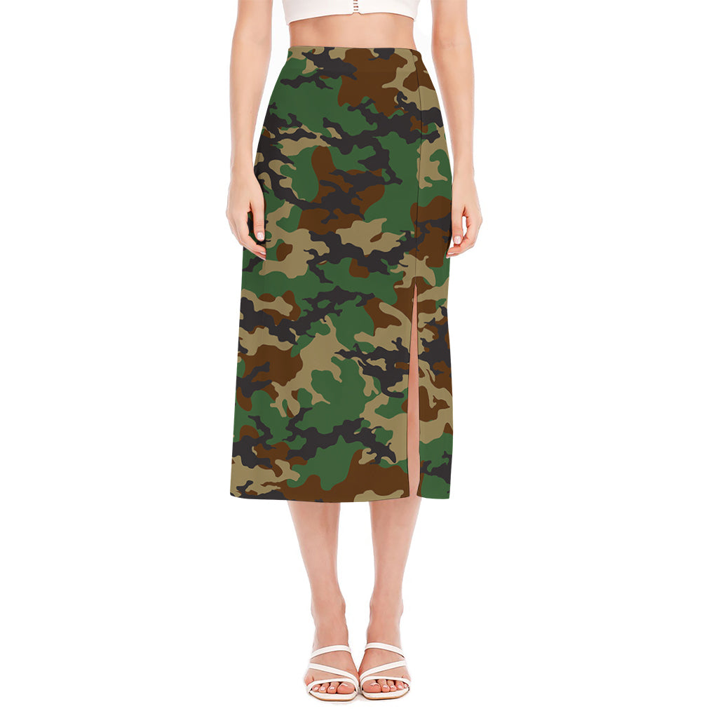 Green And Brown Camouflage Print Side Slit Midi Skirt