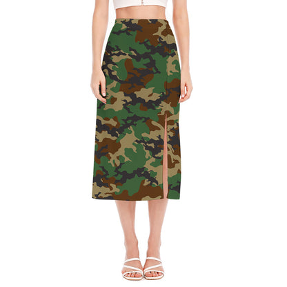 Green And Brown Camouflage Print Side Slit Midi Skirt