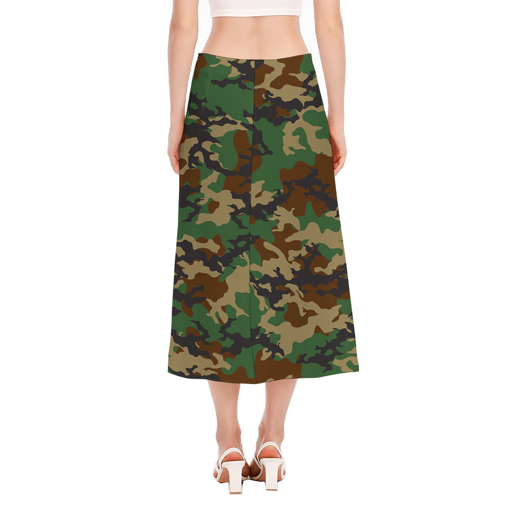 Green And Brown Camouflage Print Side Slit Midi Skirt