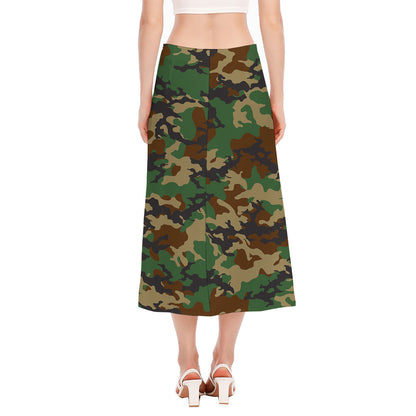 Green And Brown Camouflage Print Side Slit Midi Skirt