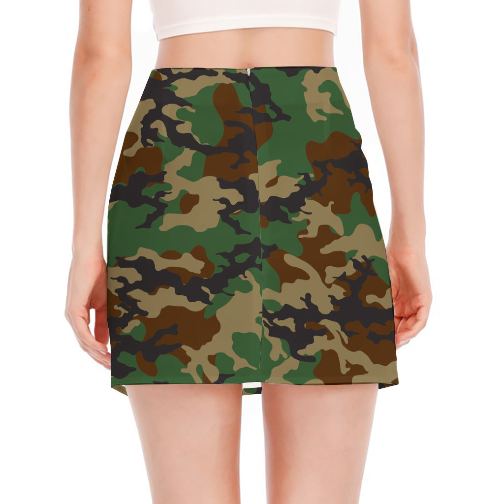 Green And Brown Camouflage Print Side Slit Mini Skirt