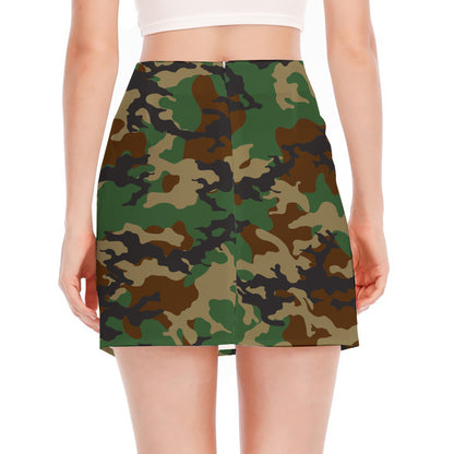 Green And Brown Camouflage Print Side Slit Mini Skirt