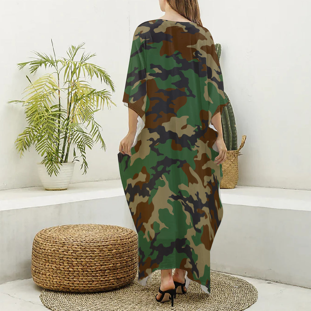 Green And Brown Camouflage Print Silk V-Neck Kaftan Dress