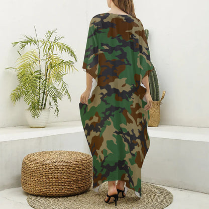 Green And Brown Camouflage Print Silk V-Neck Kaftan Dress