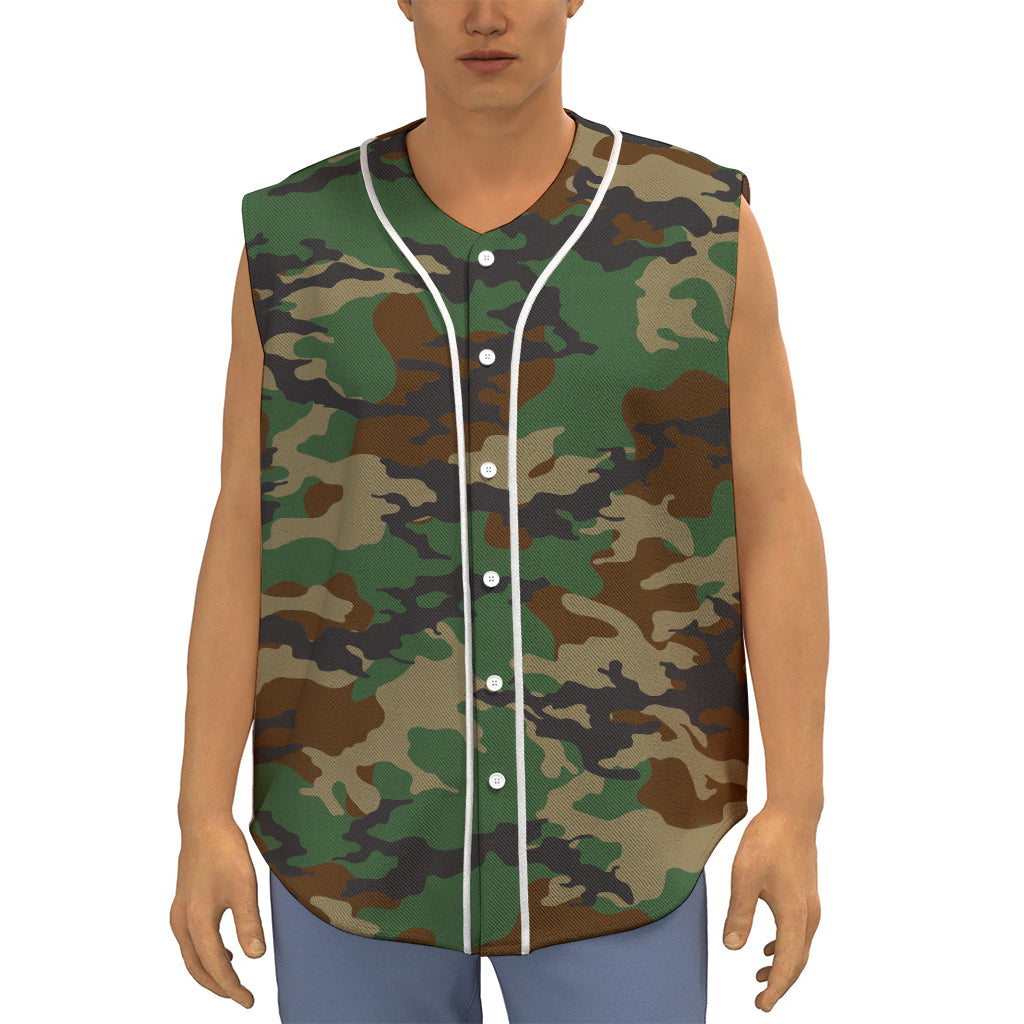 Green And Brown Camouflage Print Sleeveless Baseball Jersey