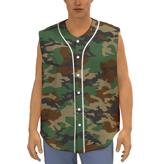 Green And Brown Camouflage Print Sleeveless Baseball Jersey