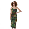 Green And Brown Camouflage Print Slim Fit Midi Cami Dress