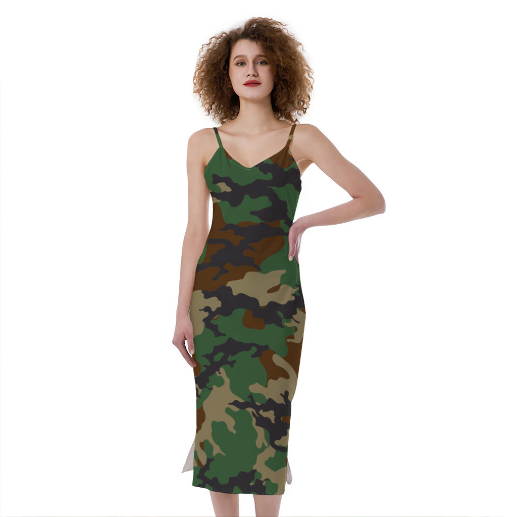 Green And Brown Camouflage Print Slim Fit Midi Cami Dress