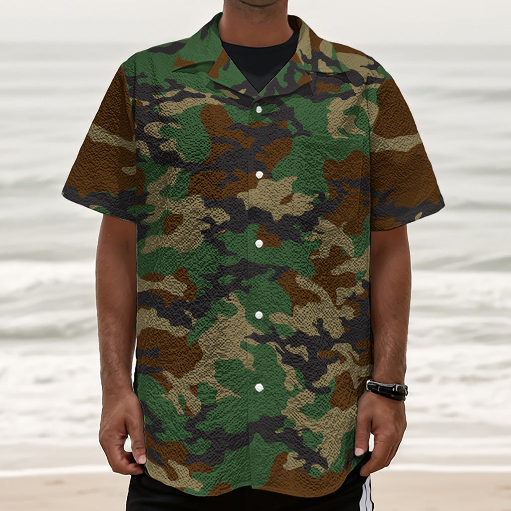 Green And Brown Camouflage Print Textured Short Sleeve Shirt