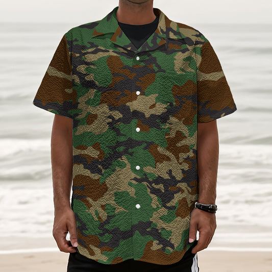 Green And Brown Camouflage Print Textured Short Sleeve Shirt