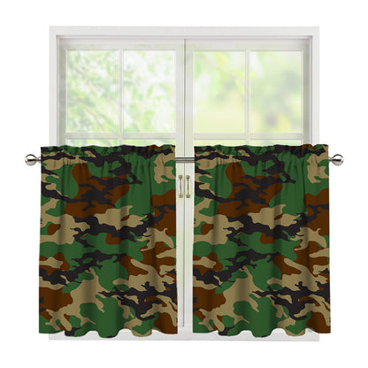 Green And Brown Camouflage Print Tier Curtains