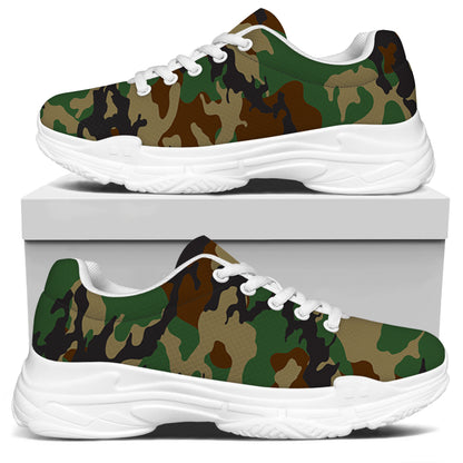 Green And Brown Camouflage Print White Chunky Shoes