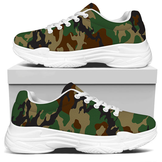 Green And Brown Camouflage Print White Chunky Shoes