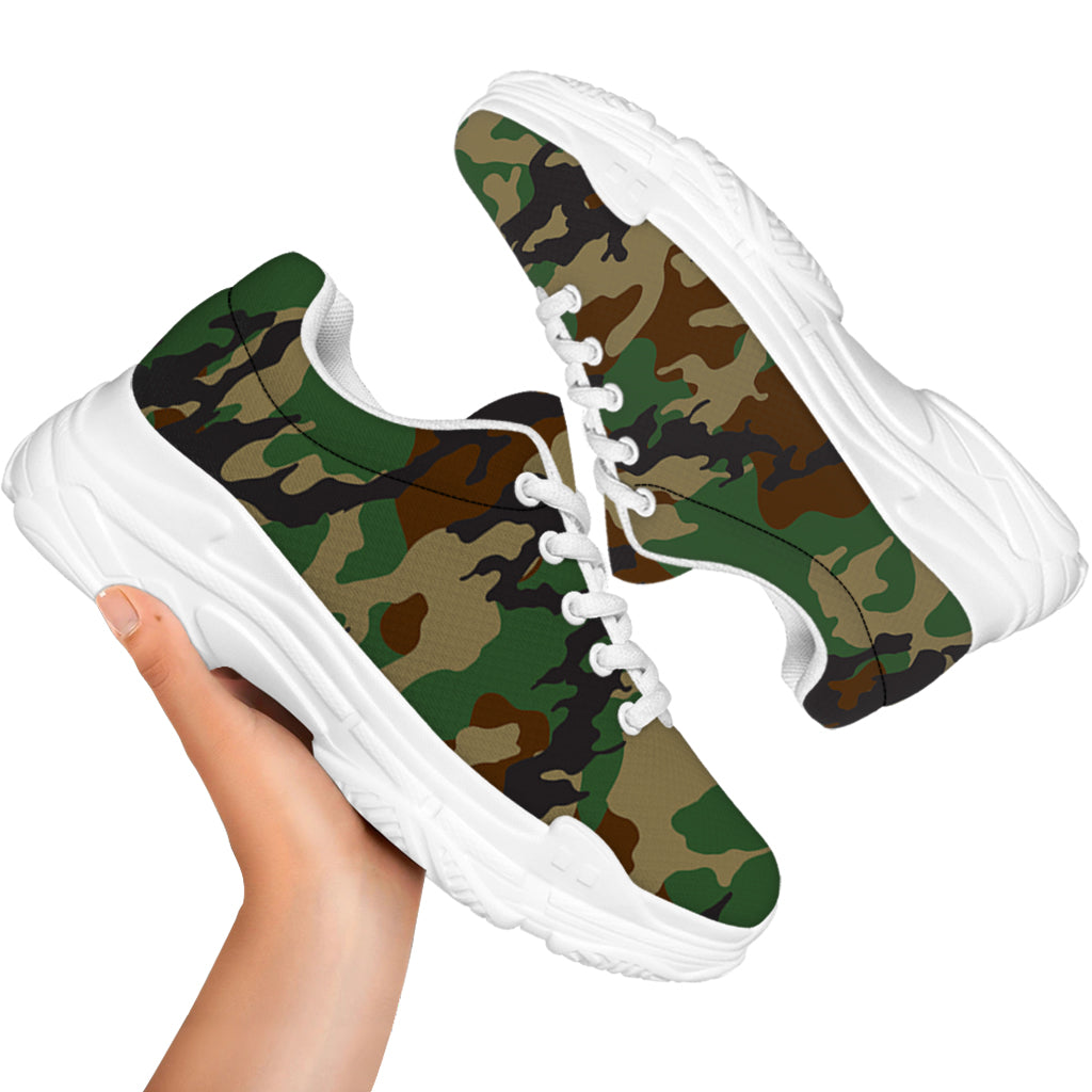 Green And Brown Camouflage Print White Chunky Shoes