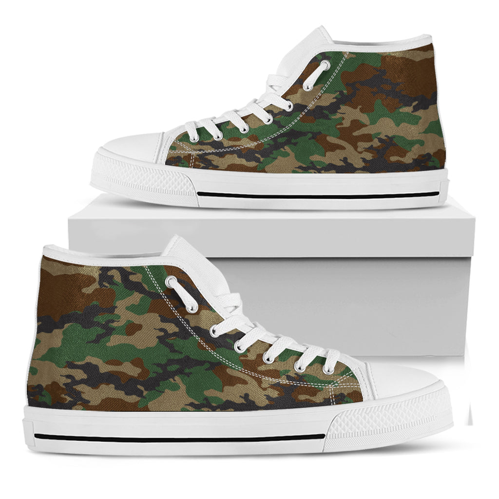 Green And Brown Camouflage Print White High Top Sneakers
