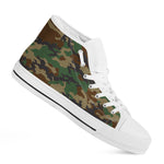 Green And Brown Camouflage Print White High Top Sneakers