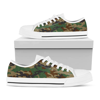 Green And Brown Camouflage Print White Low Top Sneakers