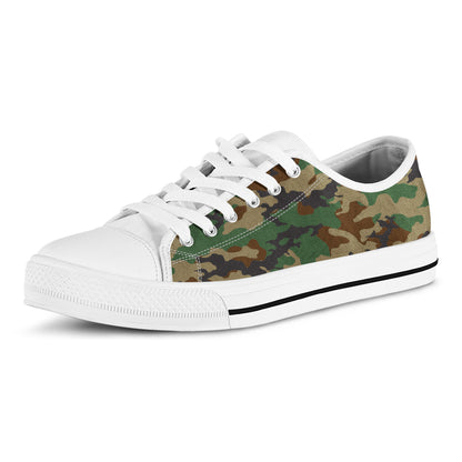 Green And Brown Camouflage Print White Low Top Sneakers