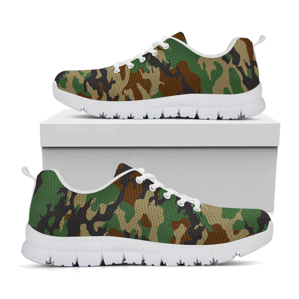 Green And Brown Camouflage Print White Running Shoes