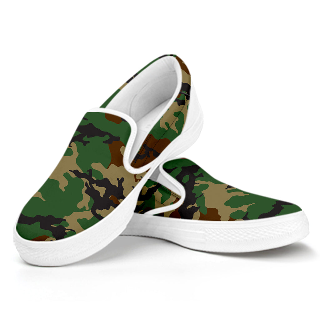 Green And Brown Camouflage Print White Slip On Sneakers
