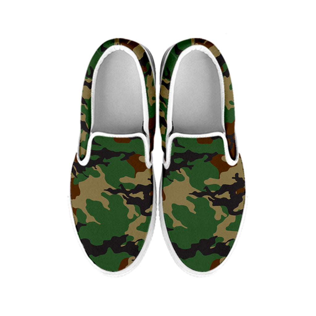 Green And Brown Camouflage Print White Slip On Sneakers