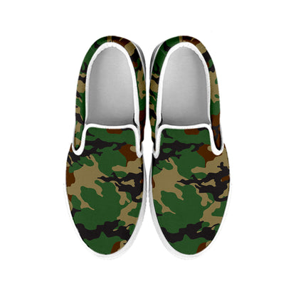 Green And Brown Camouflage Print White Slip On Sneakers