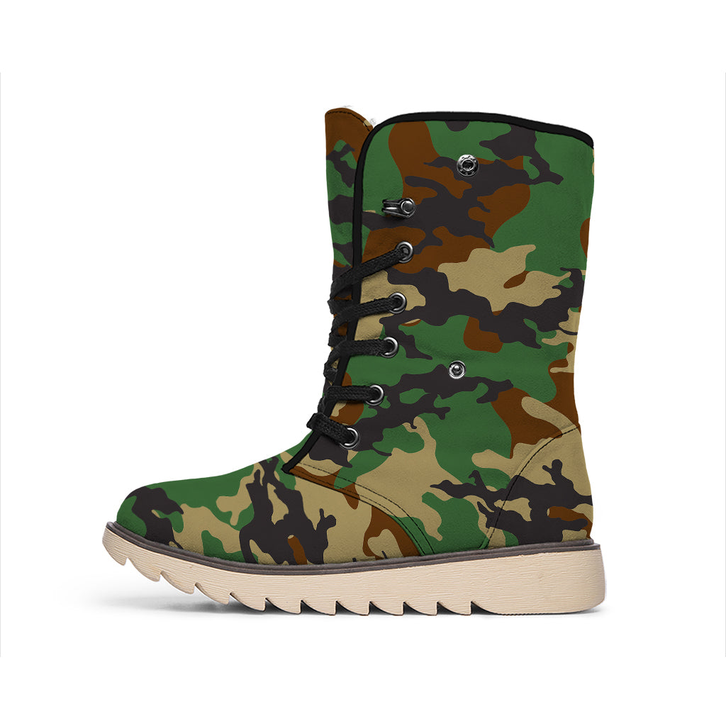 Green And Brown Camouflage Print Winter Boots