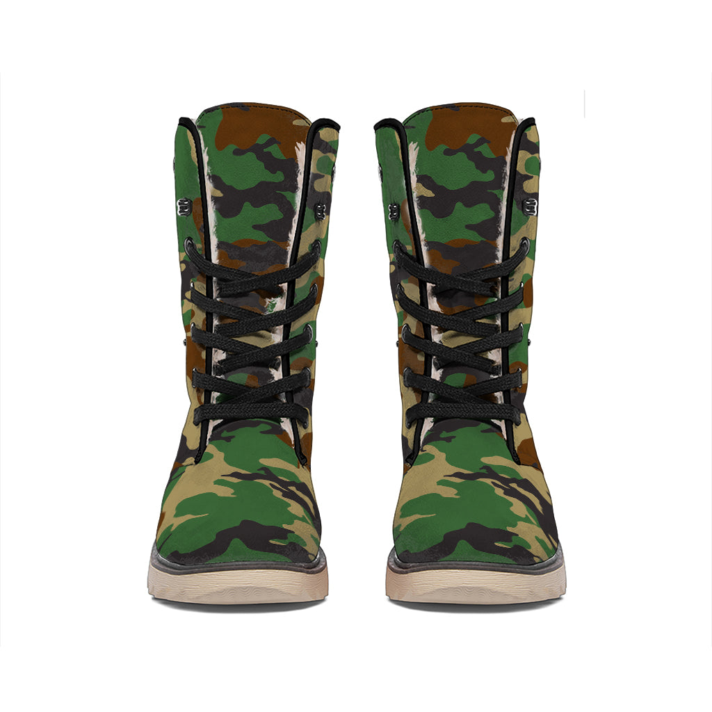 Green And Brown Camouflage Print Winter Boots