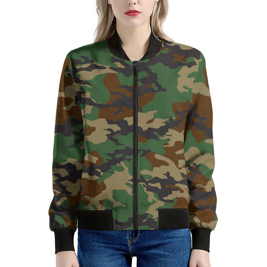 Green And Brown Camouflage Print Women's Bomber Jacket