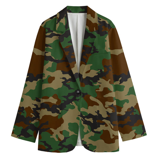 Green And Brown Camouflage Print Women's Cotton Blazer