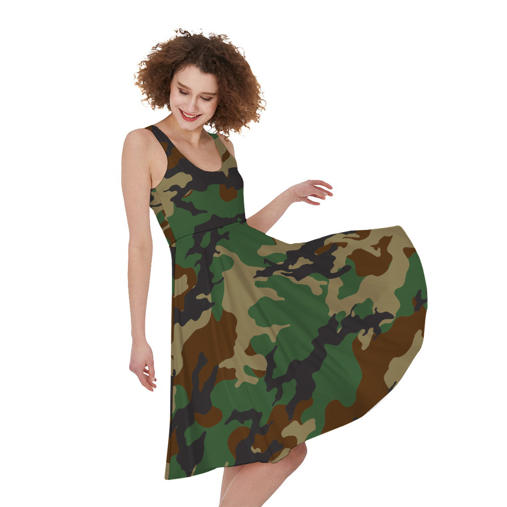 Green And Brown Camouflage Print Women's Sleeveless Dress
