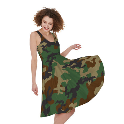 Green And Brown Camouflage Print Women's Sleeveless Dress