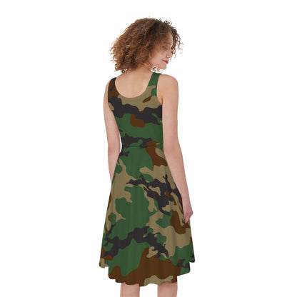Green And Brown Camouflage Print Women's Sleeveless Dress