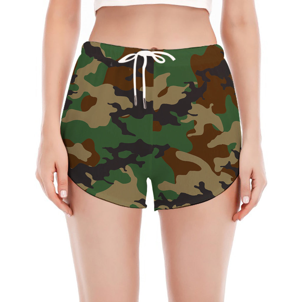 Green And Brown Camouflage Print Women's Split Running Shorts