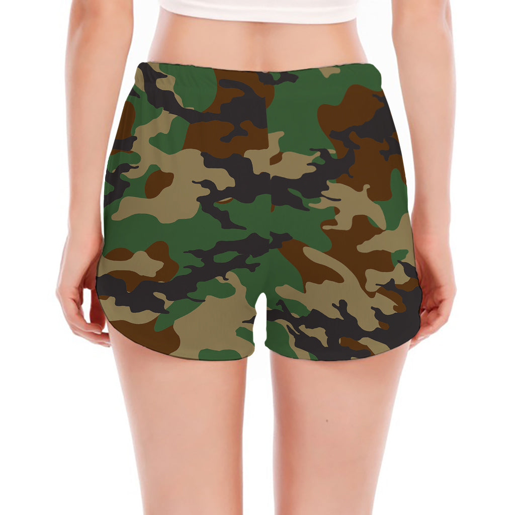 Green And Brown Camouflage Print Women's Split Running Shorts
