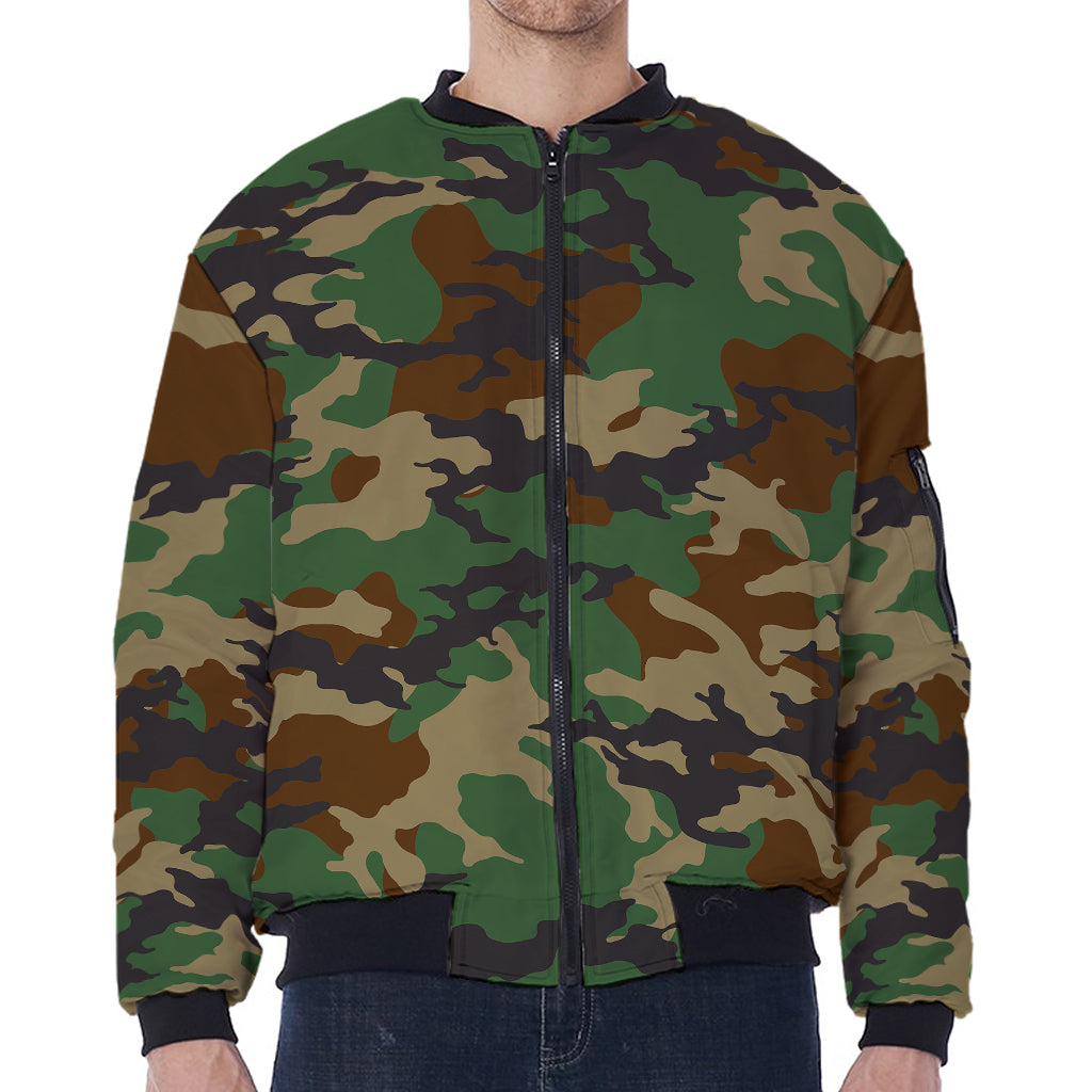 Green And Brown Camouflage Print Zip Sleeve Bomber Jacket