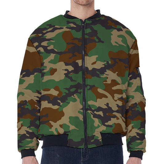 Green And Brown Camouflage Print Zip Sleeve Bomber Jacket