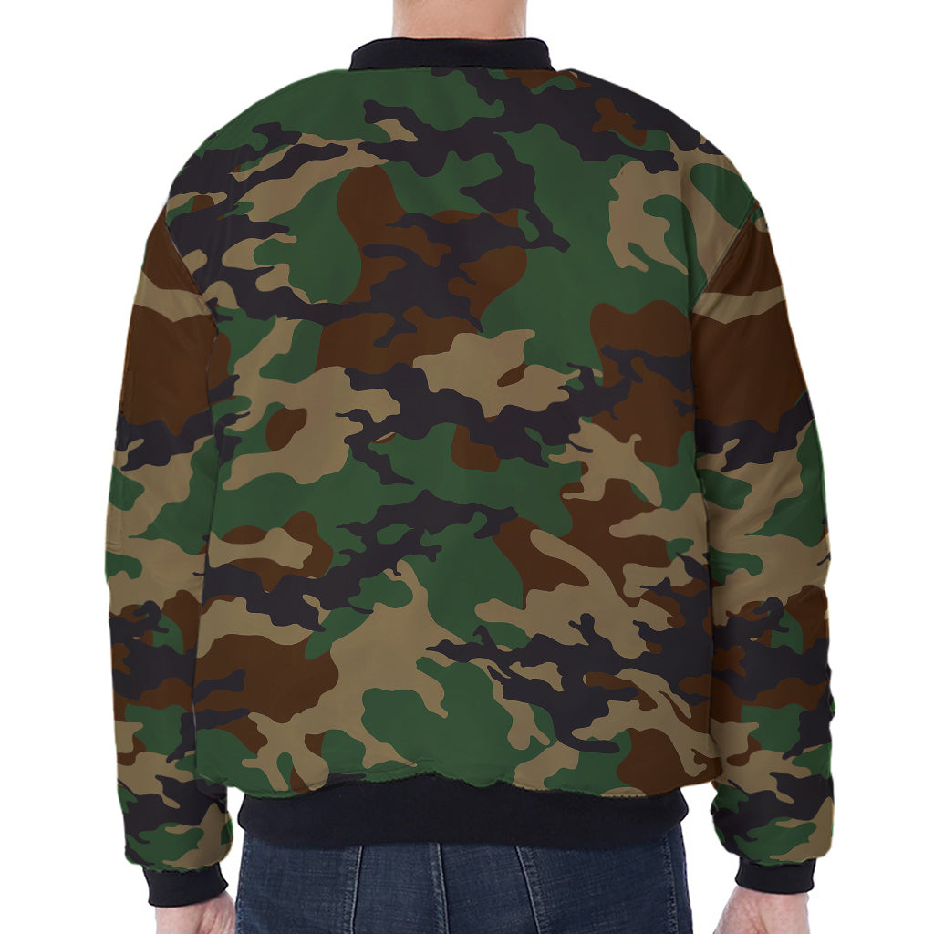 Green And Brown Camouflage Print Zip Sleeve Bomber Jacket