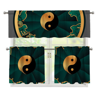 Green And Gold Chinese Zodiac Print 3 Piece Kitchen Curtains
