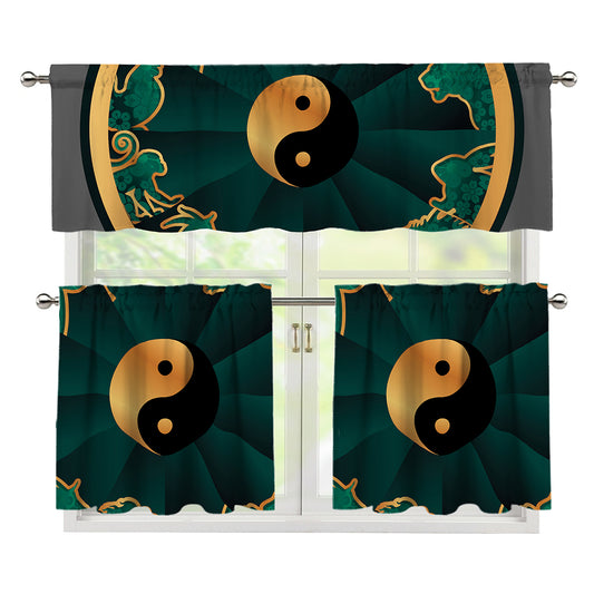Green And Gold Chinese Zodiac Print 3 Piece Kitchen Curtains