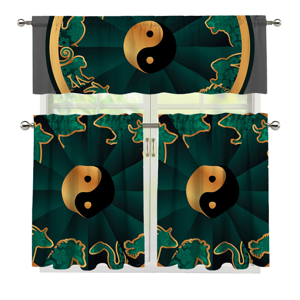 Green And Gold Chinese Zodiac Print 3 Piece Kitchen Curtains