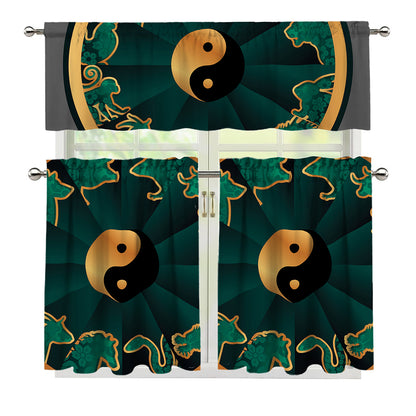 Green And Gold Chinese Zodiac Print 3 Piece Kitchen Curtains