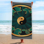 Green And Gold Chinese Zodiac Print Beach Towel