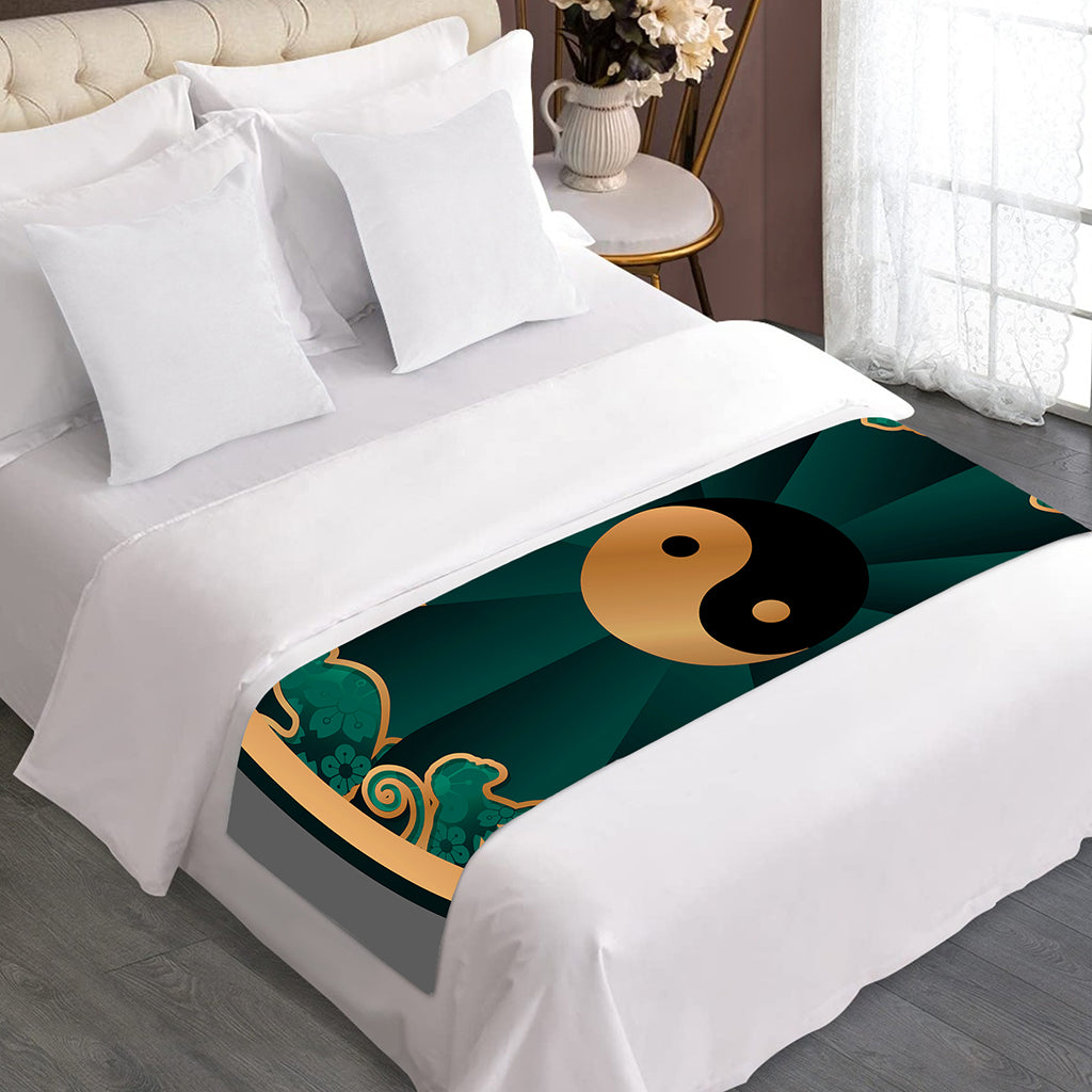 Green And Gold Chinese Zodiac Print Bed Runner